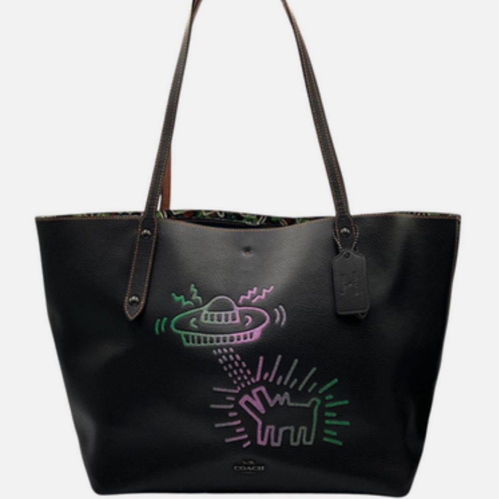 Coach Black Tote with Colorful Graphic Keith Haring spaceship bag